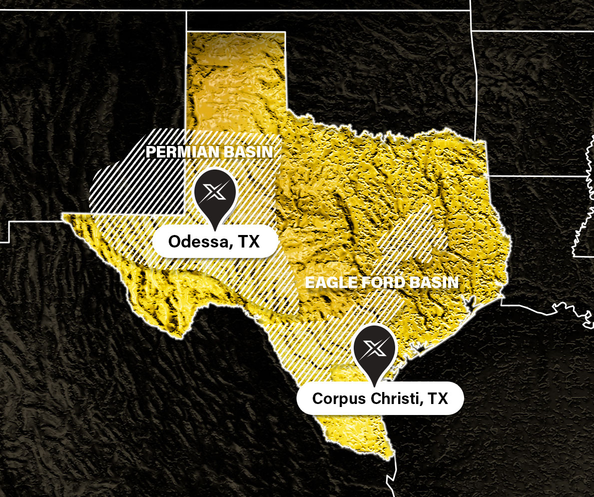 Yellow map of Texas, showing two X-Energy Rental Tools locations serving the Permian Basin and Eagle Ford Basin in South and West Texas.