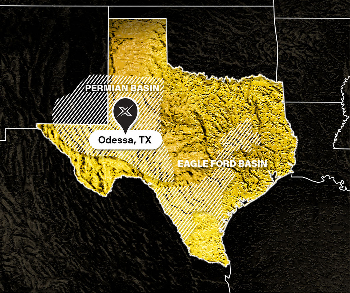 Yellow map of Texas, showing two X-Energy Pressure Control LLC locations serving the Permian Basin and Eagle Ford Basin in South and West Texas.