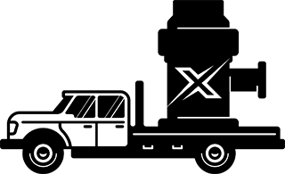 Black vector drawing of X-Energy Pressure Control LLC truck with an oversized Rotating Control Device in the truckbed with a BG on it